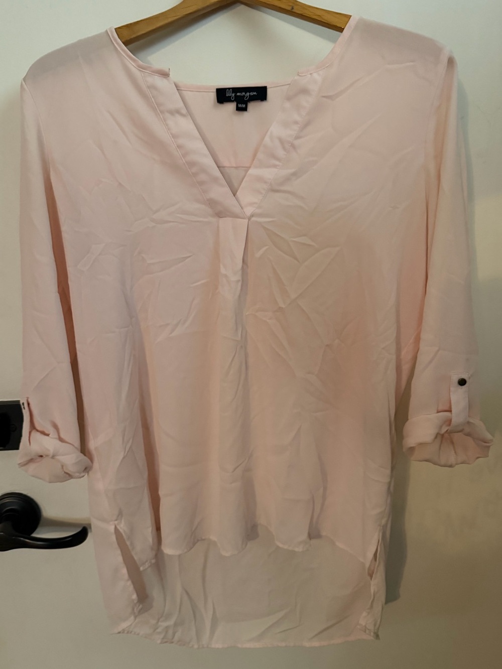 Light Ivory/Pink V-Neck Roll-Sleeve         Hi-LoWomen's Top